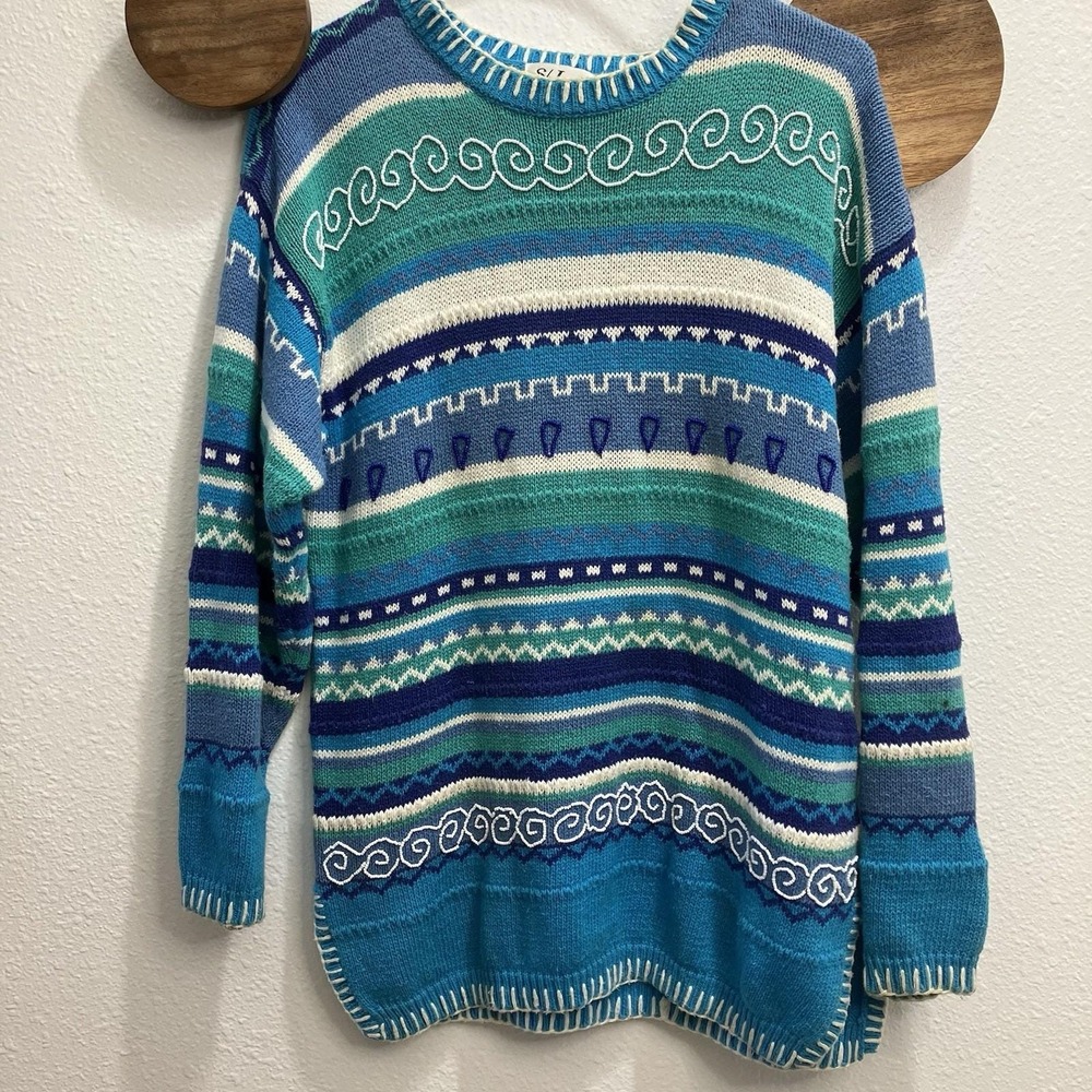 VTG S/J Designs‎ Colorful Beaded Pattern Sweater Women's Small Green Blue Ramie